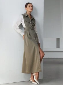 Aveloria Modichic Long Dress With Mixed Material Patchwork, Button Front Design, Commuting Style For Women - Multicolor - View 1