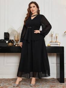 Modelyn Plus Size Women Asymmetrical Collar Mesh Long Sleeve Shirt And A-Line Skirt Elegant 2 Pieces Set