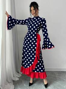 Chiquease Elegant Polka Dot Patchwork Ruffle Hem Long Sleeve Dress, Fashion - Blue - View 6