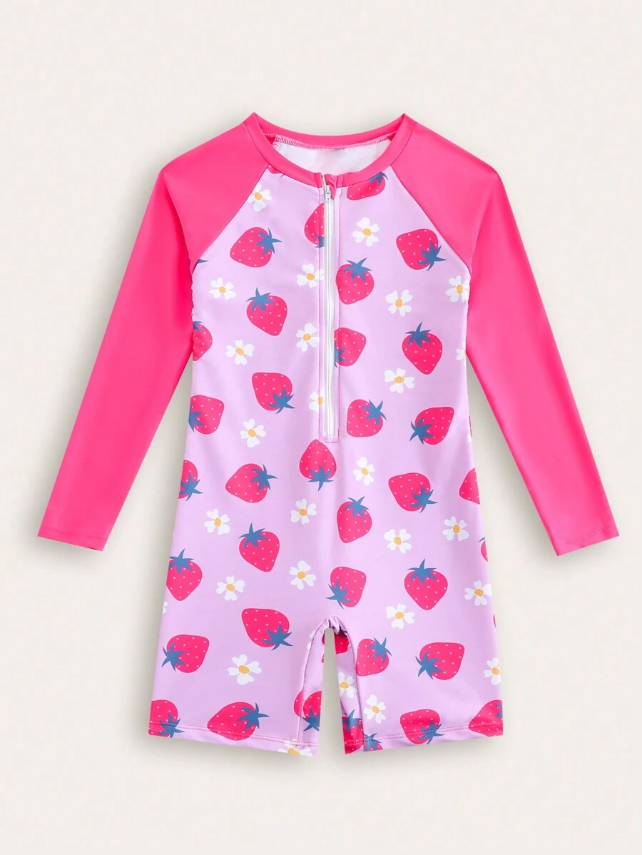 SHEIN Young Girl New Style Fashion All-Over Strawberry Print One-Piece Swimsuit - Multicolor - View 1