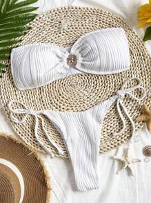 Soleia Women's White Knitted Jacquard Texture Bandeau Bikini Set,Summer Casual Pool Party Vacation Holiday Swimwear,Minimalist Top And Bottom Swim Suits - White - View 3