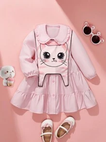 SHEIN Baby Mädchen süßes Katzenmuster Kragen Hemdkleid, geeignet für Outdoor-Aktivitäten, Fotografie und Kindergarten, Frühling/Sommer/Herbst