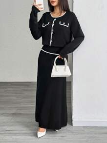 Chiquease 2pcs Women's Elegant Crew Neck Ribbed Knitted Sweater Set - Black - View 1