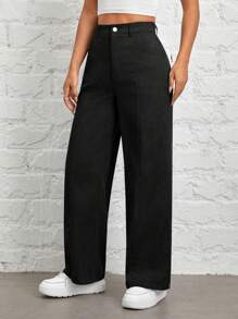 SHEIN PETITE Autumn And Winter Wear Women's Solid Color Straight Corduroy Pants - Black - View 8