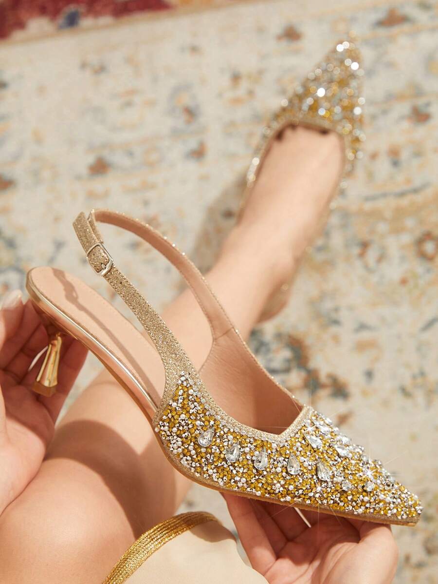 CUCCOO TILAWA Women's Gold Crystal Rhinestone Pointed Toe Hollow High Heel Wedding Sandals