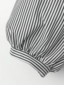 SHEIN LUNE 2 件套大码女式波西米亚风条纹灯笼袖衬衫和喇叭裤套装，适合夏季 - 黑與白 - 查看 5