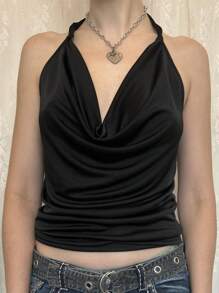 INAWLY Women's Black Deep Draped Neck Halter Backless Sexy Cami Top - Black - View 3