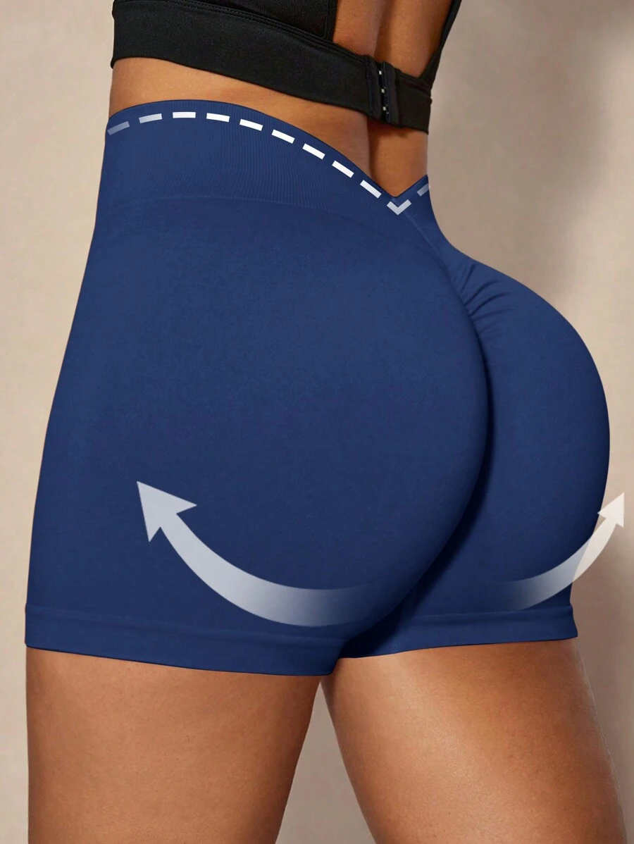 Easithlete 女士褶皱腰运动短裤，性感提臀瑜伽健身弹力舒适女士运动短裤，健身短裤，骑行短裤 - 藏蓝色 - 查看 1