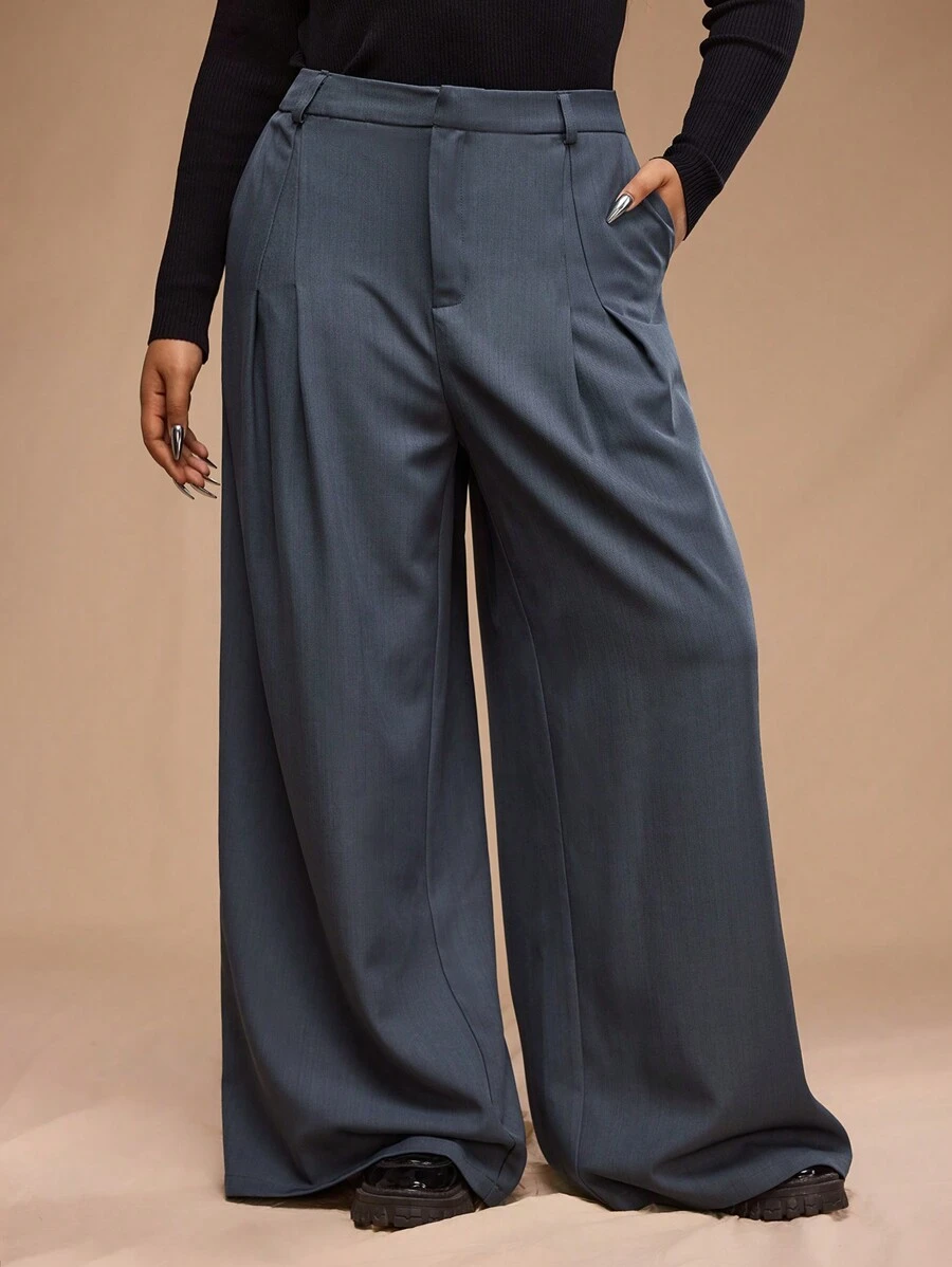 Forever 21 Spring New Office/Commute Plus Size Women Wide Leg Loose Long Trousers - Grey - View 1
