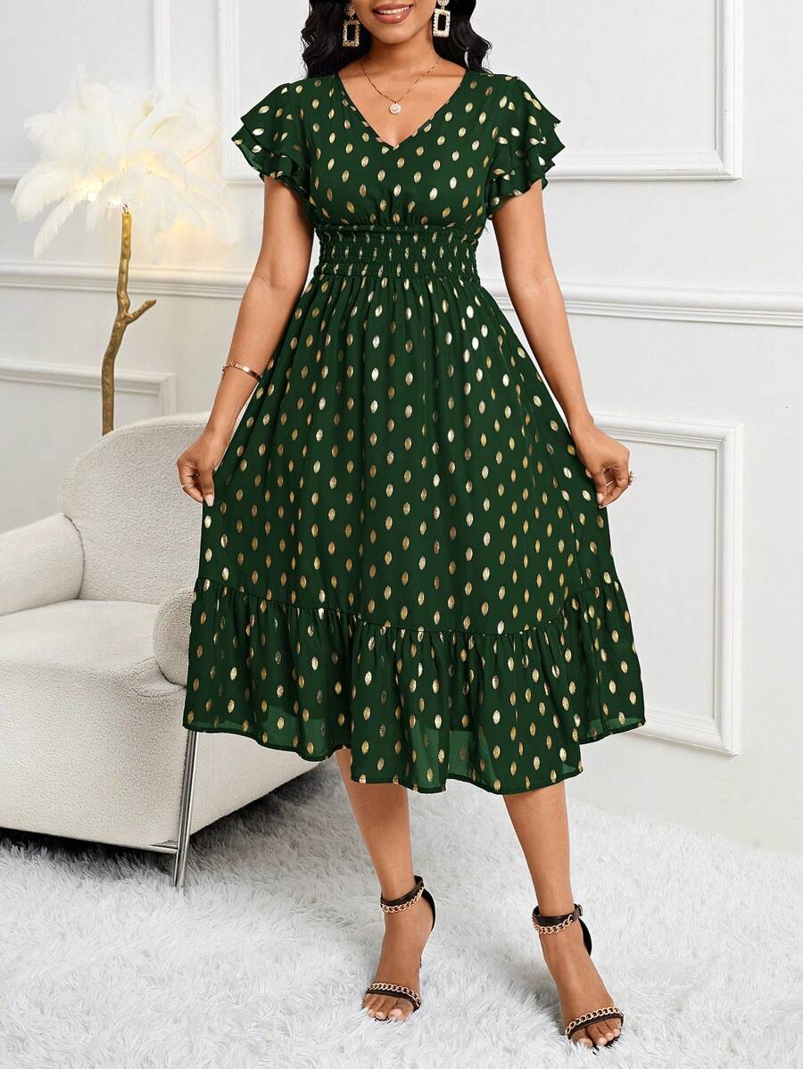 SHEIN Lady 婚礼宾客礼服 金色印花荷叶袖和圆点连衣裙，适合日常通勤、工作和聚会