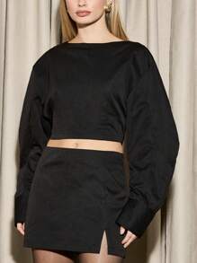 AiiRZ Structured Long Sleeve Crop Blouse With Open Back And Mini Skirt Set - Black - View 4