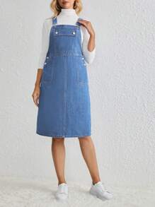 SHEIN 女式休闲洗水牛仔吊带连衣裙 - 淺色水洗藍 - 查看 4