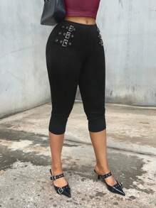 SHEIN SXY Quần lửng nữ dáng ôm, kiểu dáng thường ngày, có lỗ xỏ dây và khóa cài, màu đen, quần legging nữ. - màu đen - Xem 3