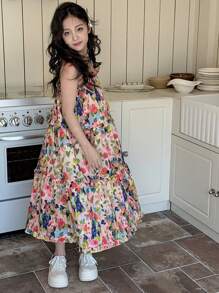 Dazy Kids Tween Girl Sleeveless Flower Print Simple Casual Dress Floral,Girls Summer Outfits,Back To School Clothes Vacation Easter - Red - View 7