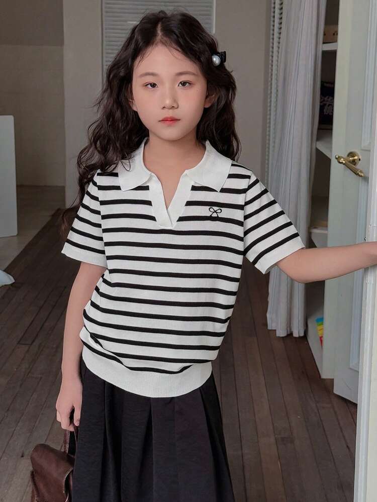 Tween Girl Short Sleeve Bow Detail Striped Casual Sweater
