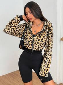 SHEIN EZwear Autumn/Winter Thermal Lined Drawstring Hoodie, Zip-Up Leopard Patchwork Cropped Casual Sweatshirt For Women