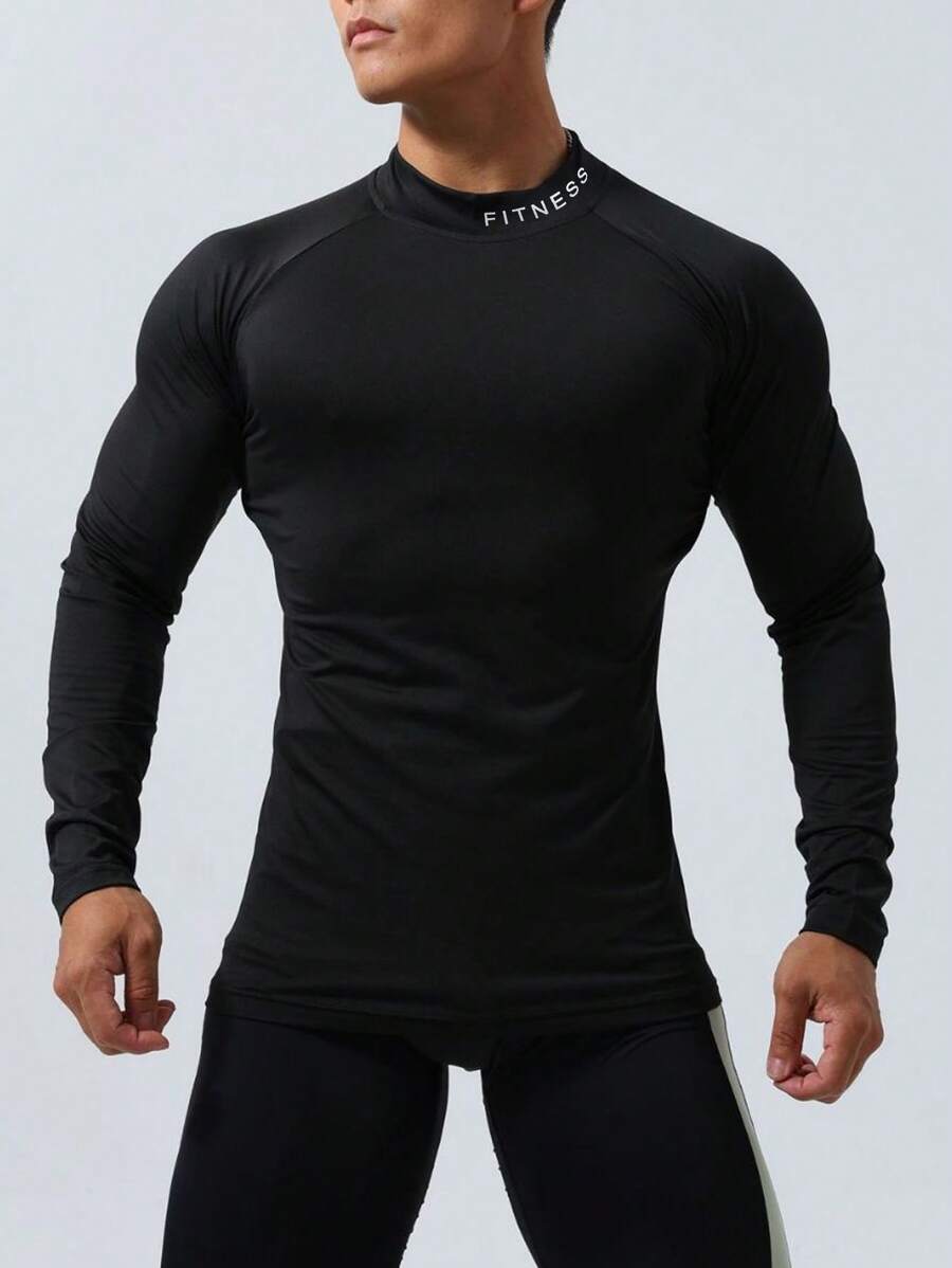 Gym Rark Men's Stand Collar Long Sleeve Letter Print Casual Sports T-Shirt, Minimalist Design - Black - View 1