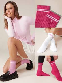 GLOWMODE 3 Pairs Cotton Vintage Striped Socks Soft Ventilated Mesh With Jacquard Logo Workout Daily Casual