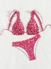 Swim Mod Women Summer Beach Vacation Ditsy Floral Cute Backless Ruffle Strap Bikini Set - Multicolor - View 7