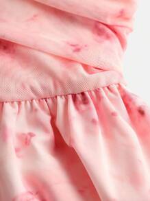 SHEIN Girlism Vestido de gasa con flores pequeñas, con hombros al descubierto, cintura fruncida, volantes en capas y línea A, para niñas adolescentes. Apropiado para ocasiones casuales, fiestas, actos vacacionales y primavera/verano. Elegante y bonito. - Rosa - Ver 3