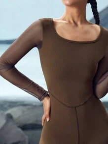 SHEIN Sports Solid Color Long Sleeve Backless Casual Simple Fashionable Jumpsuit, Sportswear - Coffee Brown - View 5
