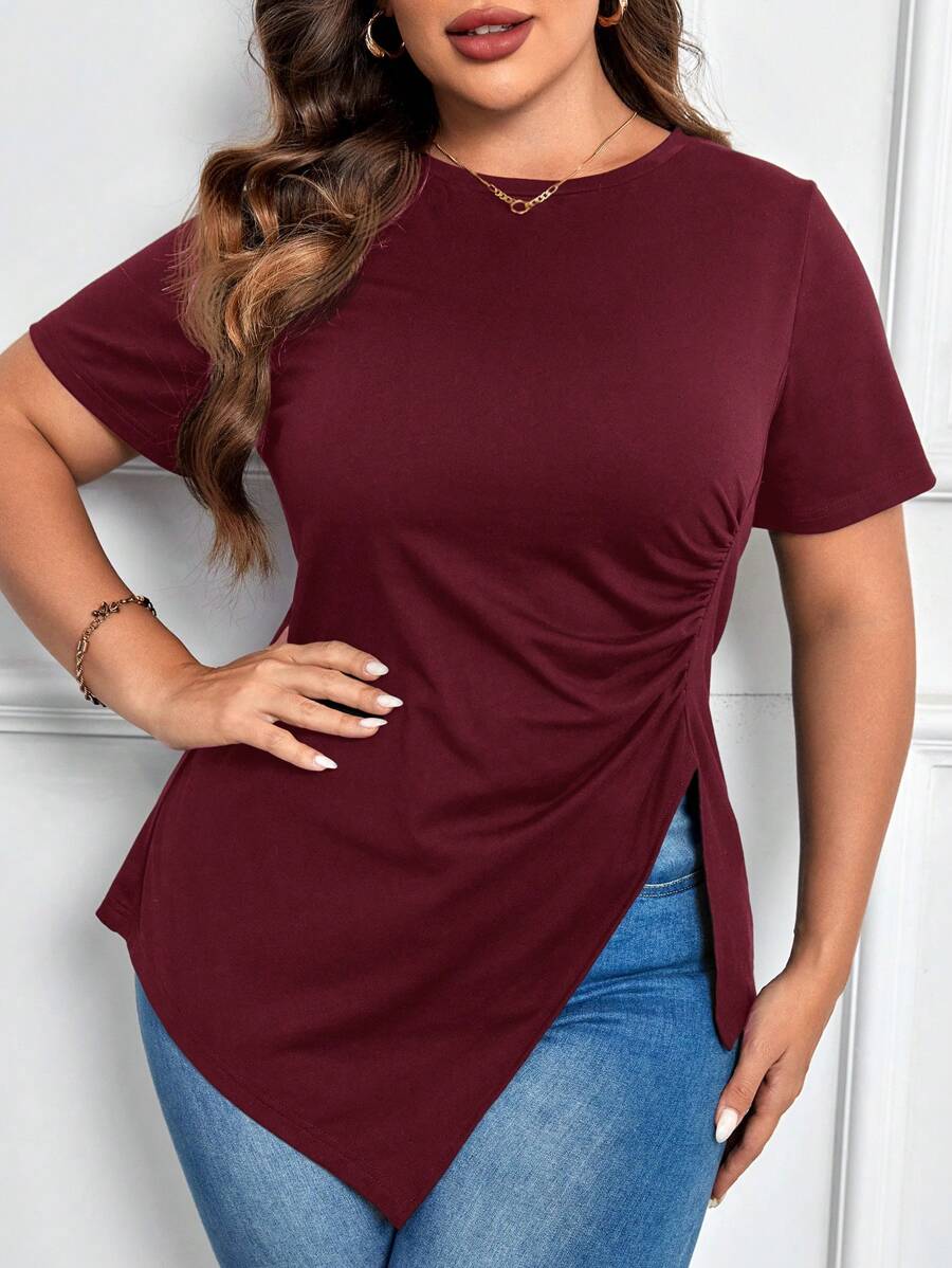SHEIN LUNE Plus Size Casual Solid Color Ruched Asymmetric Hem Loose T-Shirt - Maroon - View 1