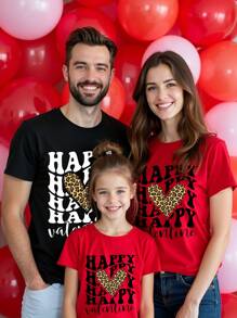 SHEIN Men's Happy Valentine's Day Leopard Print Heart Graphic Casual Round Neck Short Sleeve T-Shirt, Family Matching Outfits Mommy And Me (4 Pieces Are Sold Separately) - Black - View 1