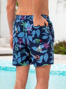 Surfspeed Men's Front Lace-Up Pocket All-Over Print Simple Casual Beach Shorts - Navy Blue - View 2