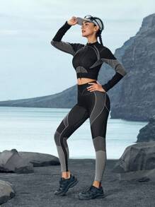 In My Nature 女士纯色拼布长袖休闲上衣和裤子户外套装