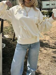 Chiquease Casual Bow Decor Drop Shoulder Sweatshirt, Autumn/Winter Pullover Fall Sweatshirt - Beige - View 3