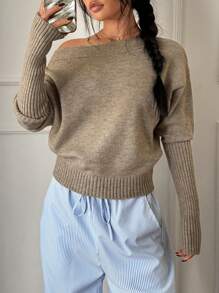 Flirla Women's Loose Oversized Solid Color Drop Shoulder Long Sleeve Sweater, Autumn/Winter Knit Pullover Fall Sweater - Khaki - View 4