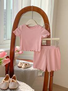 SHEIN LMoss Kids LMoss 6pcs Set Baby Girl Casual Solid Color Knit Short Sleeve Top And Elastic Waist Shorts - Pink - View 4
