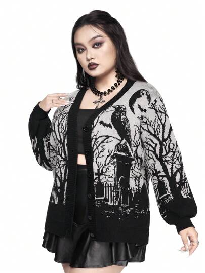Cardigan ample à imprimé gothique d'horreur de corbeaux, chauves-souris, lune, pierres tombales et branches, coupe blocs de couleurs, grande taille, pour l'hiver