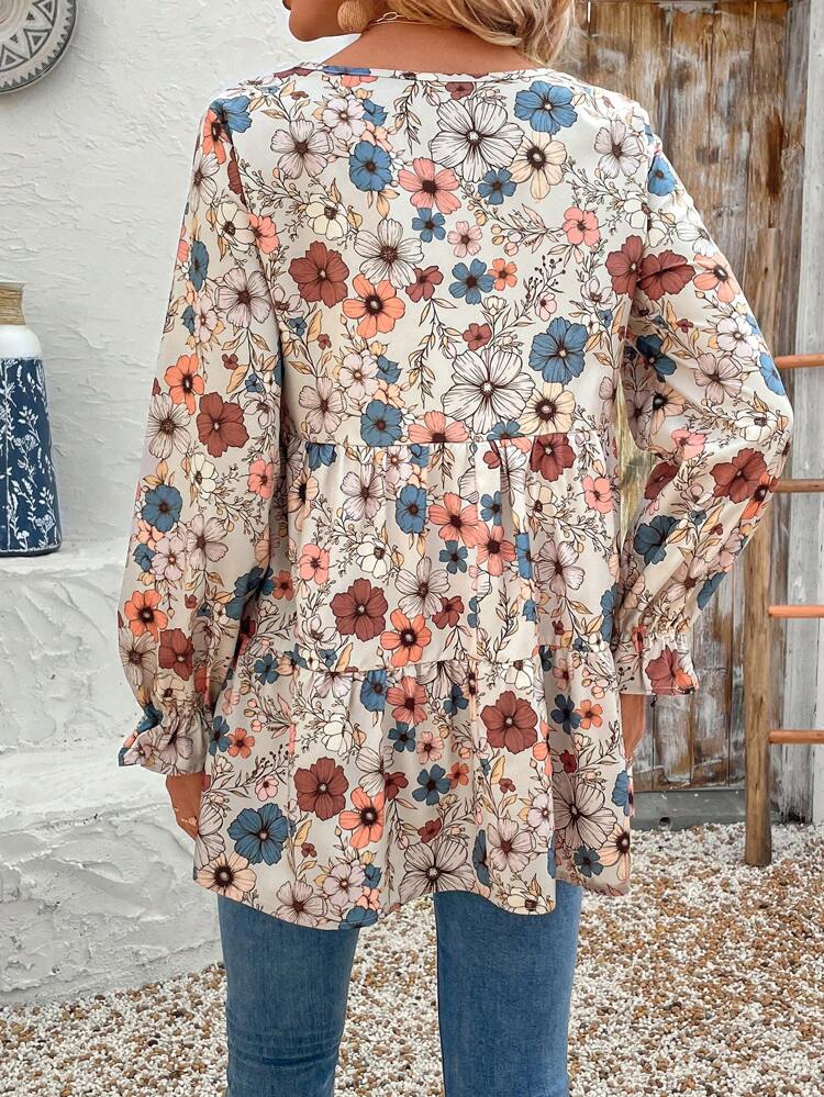 Women's Floral Print Ruffle Hem Loose Fit Round Neck Long Sleeve Blouse, Vacation Spring Clothes