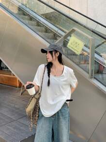 DAZY Women's Round Neck Solid Color Casual Short Sleeve T-Shirt, Simple Stylish Everyday Wear Summer - White - View 5