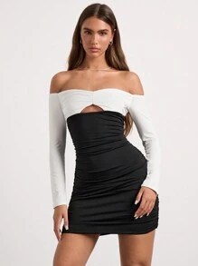 Glamine Black /White Color Off The Shoulder Hollow Out Long Sleeve Dress,Dinner Dress,Date Night Outfits,Masquerade Ball Dress,Women Holiday Party Dress,Valentine's Day Dress Fall Cloth For Women