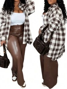 SHEIN Slayr Retro kariertes Farbblock Damen Lässig Hemd - Schokoladenbraun - Übersicht 3