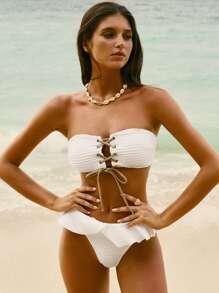 Swim Mod Damskie jednokolorowe bandeau z falbaniastym brzegiem bikini na lato