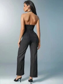 Denimoi Denim Washed Jumpsuit With Pocket Details And Elastic Back - Black - View 4