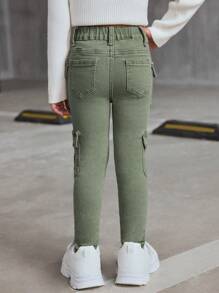 SHEIN Y2K 街头酷炫风牛仔弹力修身工装裤，适合年轻女孩春夏休闲度假乡村波西米亚风穿搭，也适合年轻女孩海滩度假和西部街头风格穿着。 - 軍綠色 - 查看 3