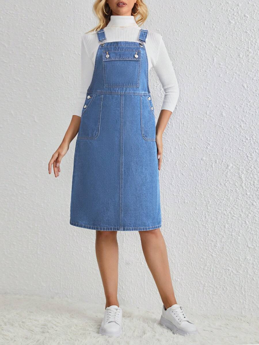 SHEIN 女式休闲洗水牛仔吊带连衣裙 - 淺色水洗藍 - 查看 1