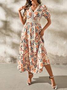 SHEIN Clasi Women's Elegant Floral Print V-Neck Splicing Hollow-Out Lace Ruffle Hem A-Line Waist-Cinched Long Dress