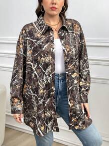 SHEIN LUNE 大码前扣长袖全印花休闲衬衫派对衬衫优雅办公服装，大码女士优雅通勤简约时尚百搭畅销衬衫，春夏百搭流行设计时尚日常穿着优雅女式衬衫