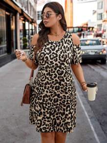 SHEIN LUNE 大码女式豹纹露肩镂空连衣裙，女士夏季连衣裙，猎豹印花，狂欢节服装，女士西部服装，波西米亚风，嬉皮士风，女牛仔装，波西米亚风夏季波西米亚风老款 - 棕色 - 查看 6