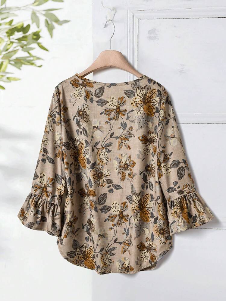 Women's Floral Print Round Neck Flare Sleeve Loose Shirt, Vacation Wear