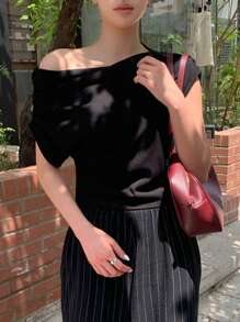 DAZY T-shirt femme à épaules dénudées, couleur unie, manches courtes, pour le printemps/été, noir