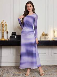 Modelyn Women's Round Neck Long Sleeve Mesh Patchwork Elegant Dress - Multicolor - View 4