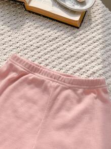 SHEIN LMoss Kids LMoss 6pcs Set Baby Girl Casual Solid Color Knit Short Sleeve Top And Elastic Waist Shorts - Pink - View 7