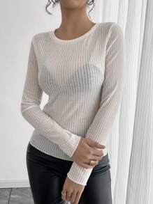 SHEIN Essnce Áo cánh mỏng cổ tròn tay dài màu trơn đơn giản cho nữ, mặc thường ngày - trắng - Xem 5