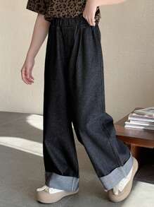 DAZY 青少年女孩纯色休闲阔腿牛仔裤，返校服 - 黑色 - 查看 3